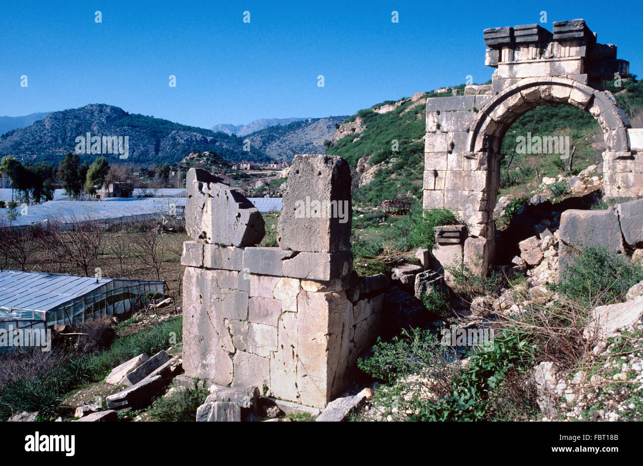 Vespasian Arch and the Remains of the Ancient City Gate of Xanthos, Lycia, Kinik, Antalya, turkey Stock Photo
