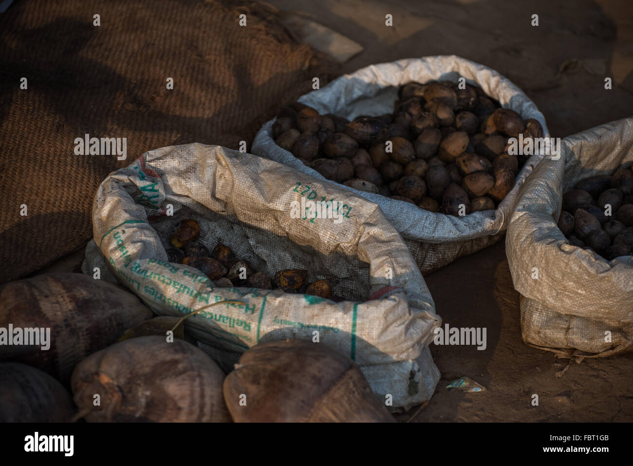 Dried coconut husks and shabby white sacks of fruits and nuts for sale