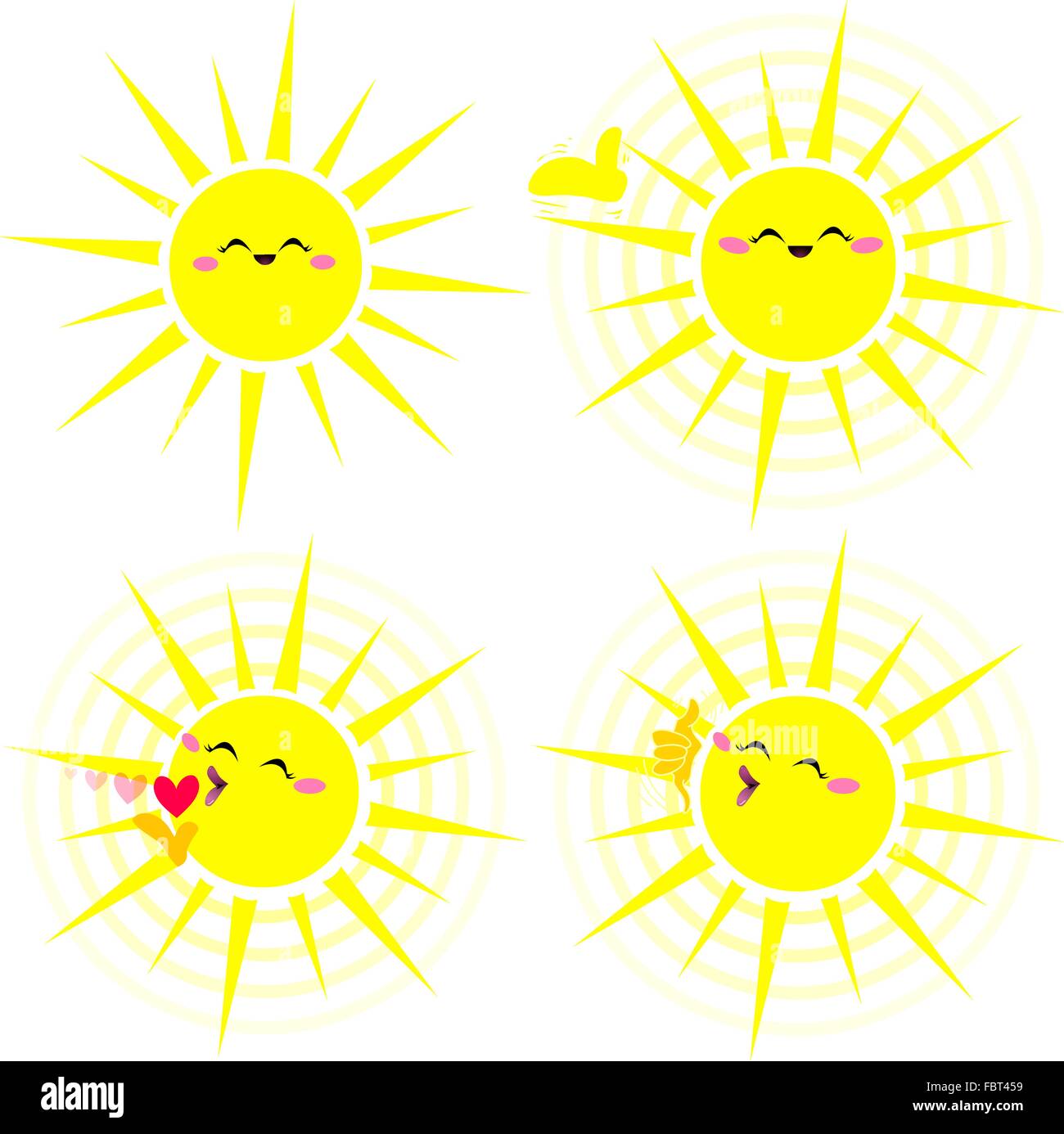 A vector illustration pack of a shiny happy yellow sun in various poses. Stock Vector