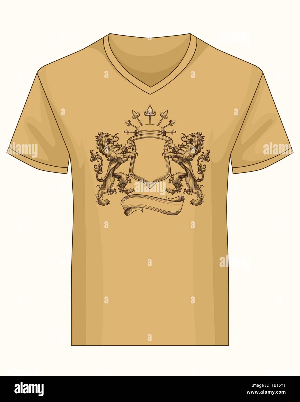 V-neck shirt  with print template. Coat of fame with crown and lions drawn in engraving style. Stock Vector