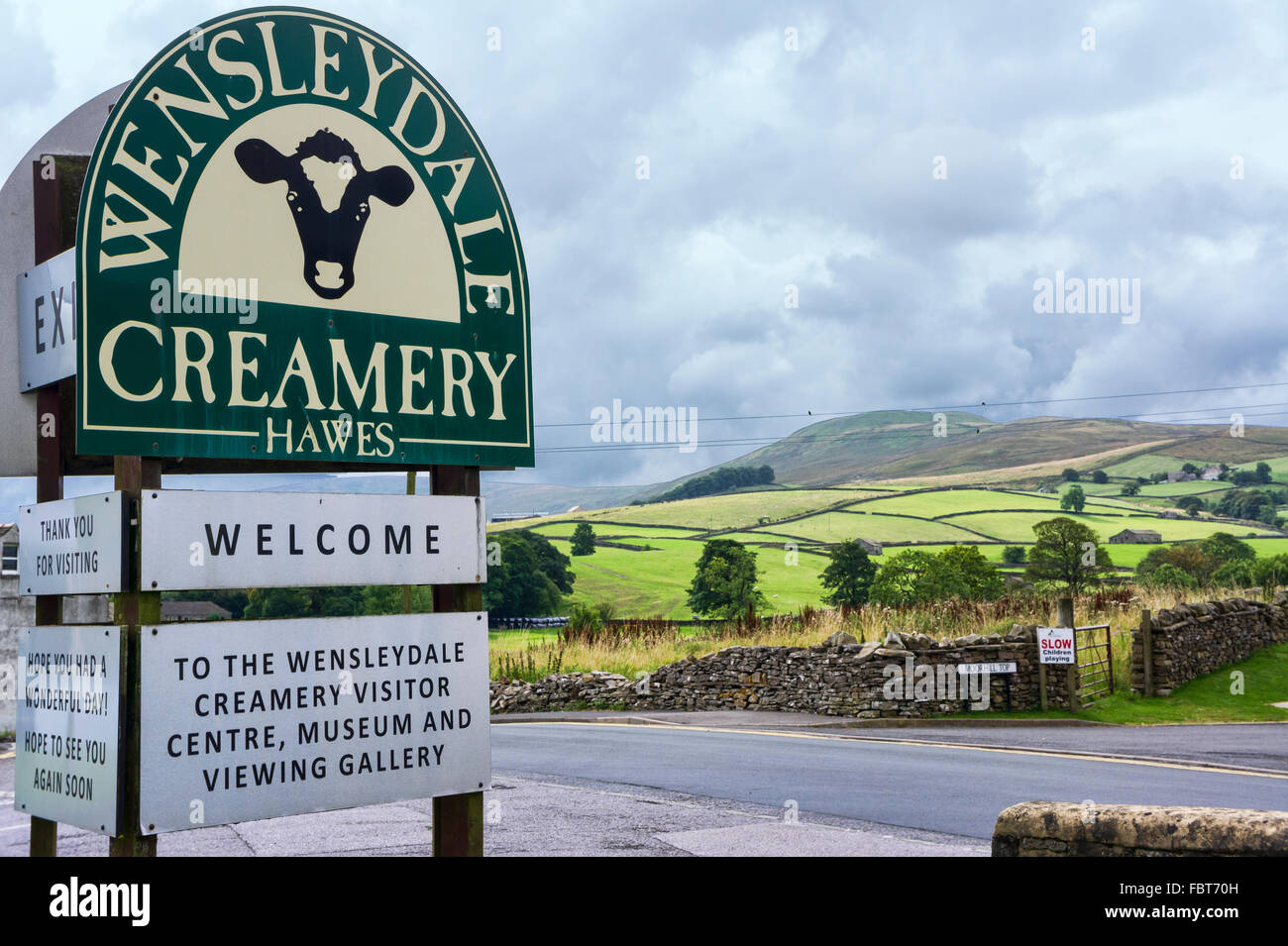 Sign for Wensleydale Cheese factory, Hawes visitor Centre, Yorkshire Dales, North England, UK Stock Photo