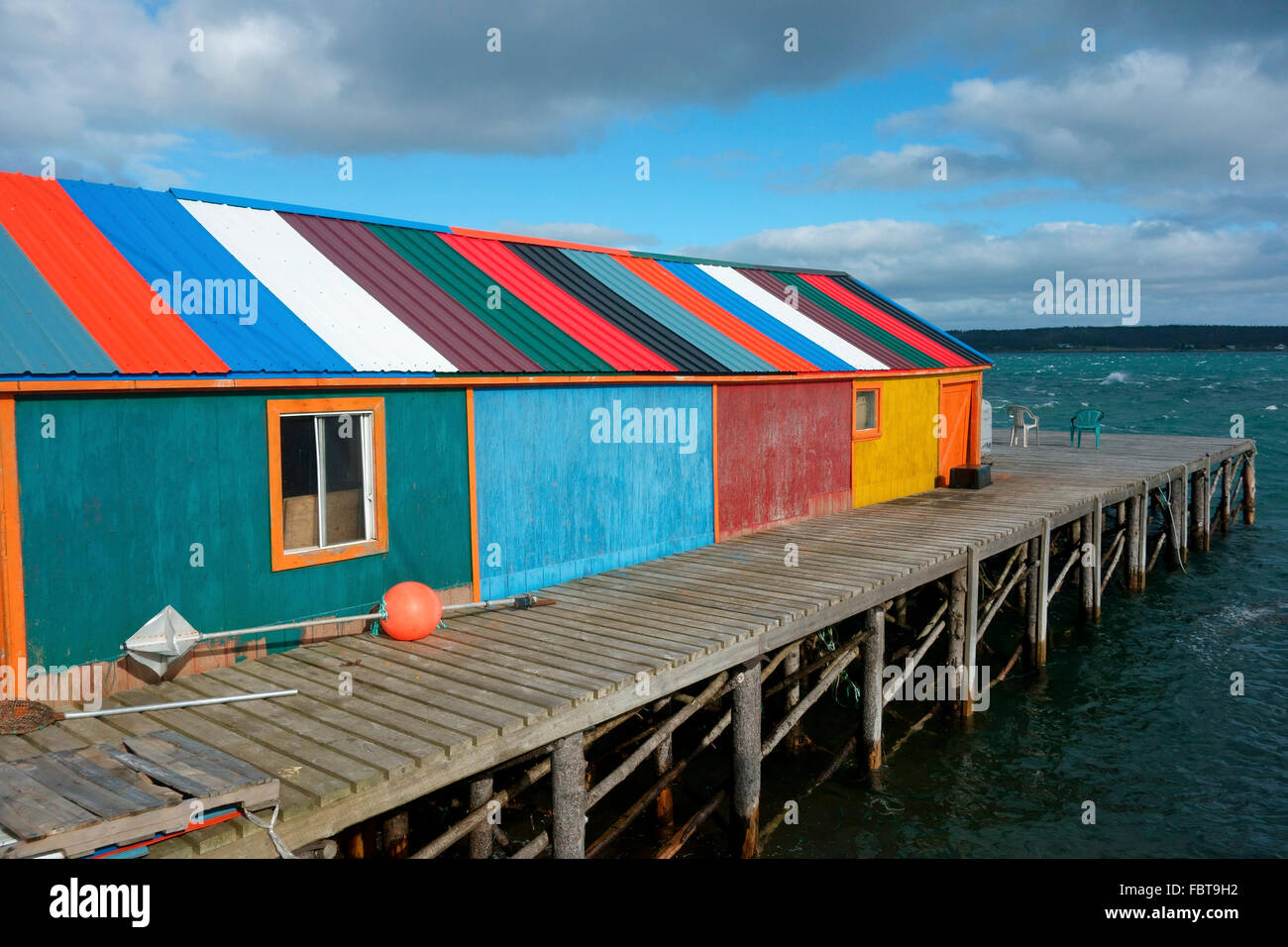 Fish warehouse on a wharf at Brier Island, Nova Scotia, Canada Stock Photo