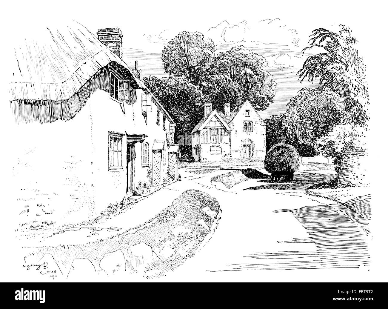 UK, England, Oxfordshire, East Hendred, Chapel Square, properties around Wheatsheaf public house in 1911, line illustration Stock Photo