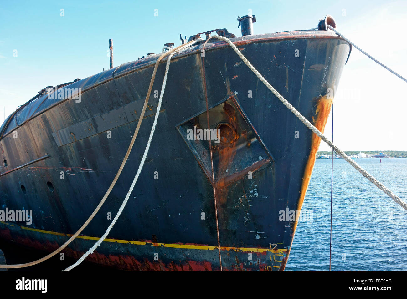 The derelict ship RV Farley Mowat sitting at the wharf at Shelburne, Nova Scotia after being stripped for scrap. Stock Photo