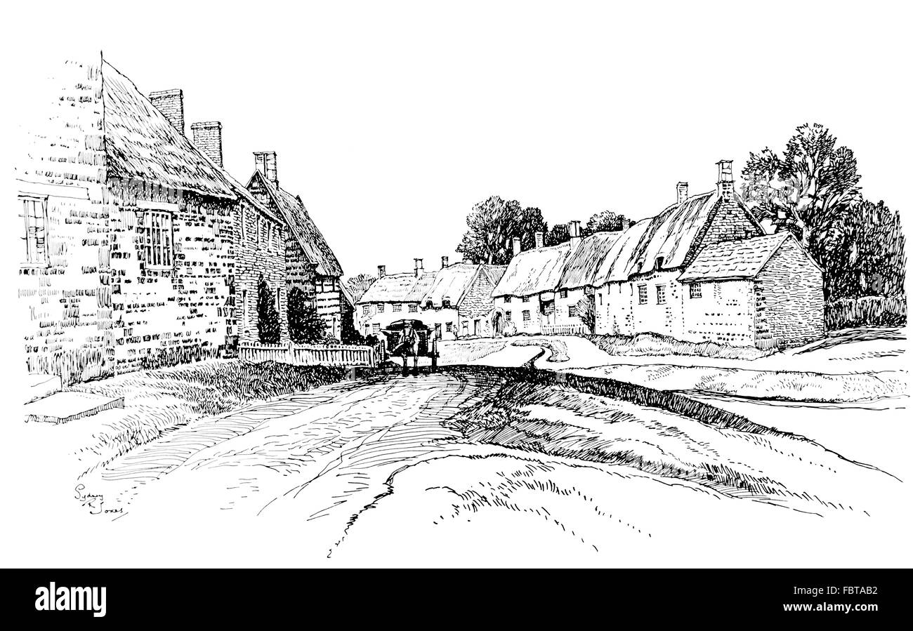 UK, England, Northamptonshire, Morton Pinkney, cottages at Upper Green in 1911, line illustration by, Sydney R Jones Stock Photo