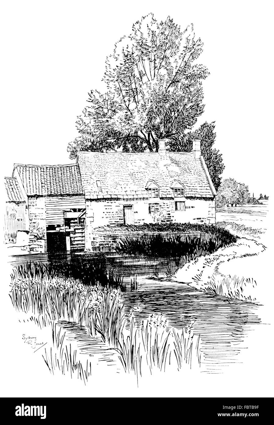 UK, England, Rutland, Lyddington, watermill in 1911, line illustration by, Sydney R Jones, from The Studio Magazine Stock Photo
