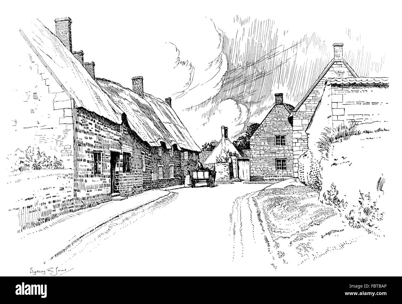 UK, England, Northamptonshire, Wilbarston, thatched cottages beside road through village in 1911, line illustration Stock Photo