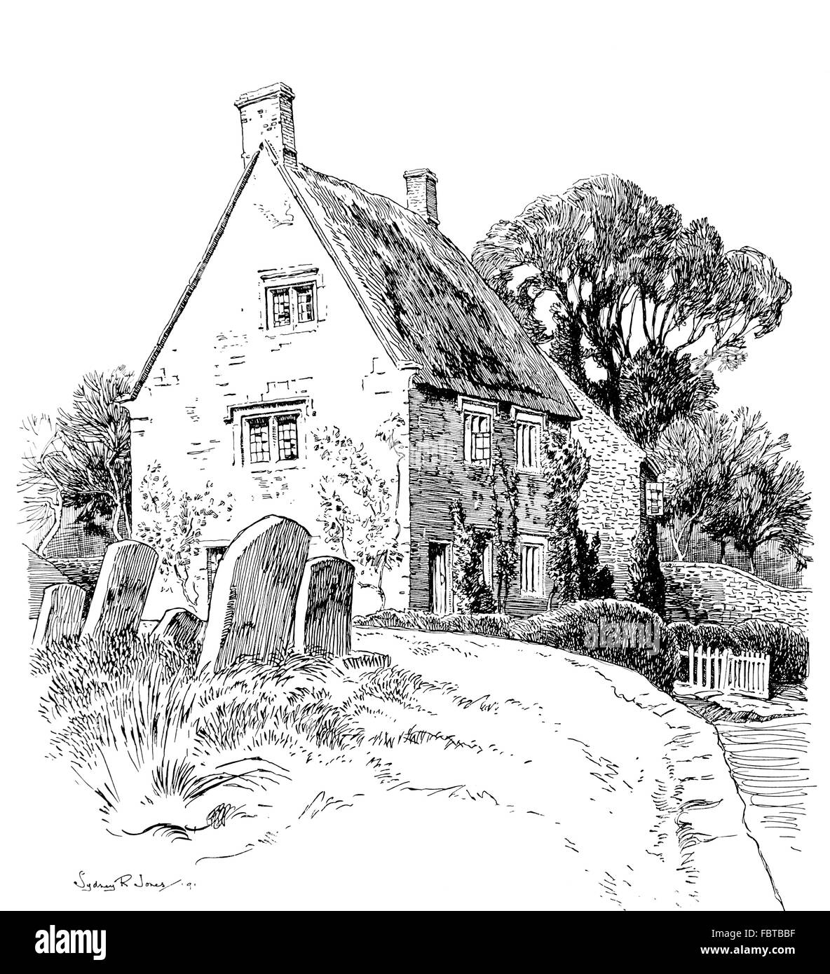 UK, England, Oxfordshire, Claydon, Main Street, thatched cottages beside churchyard in 1911, line illustration Stock Photo