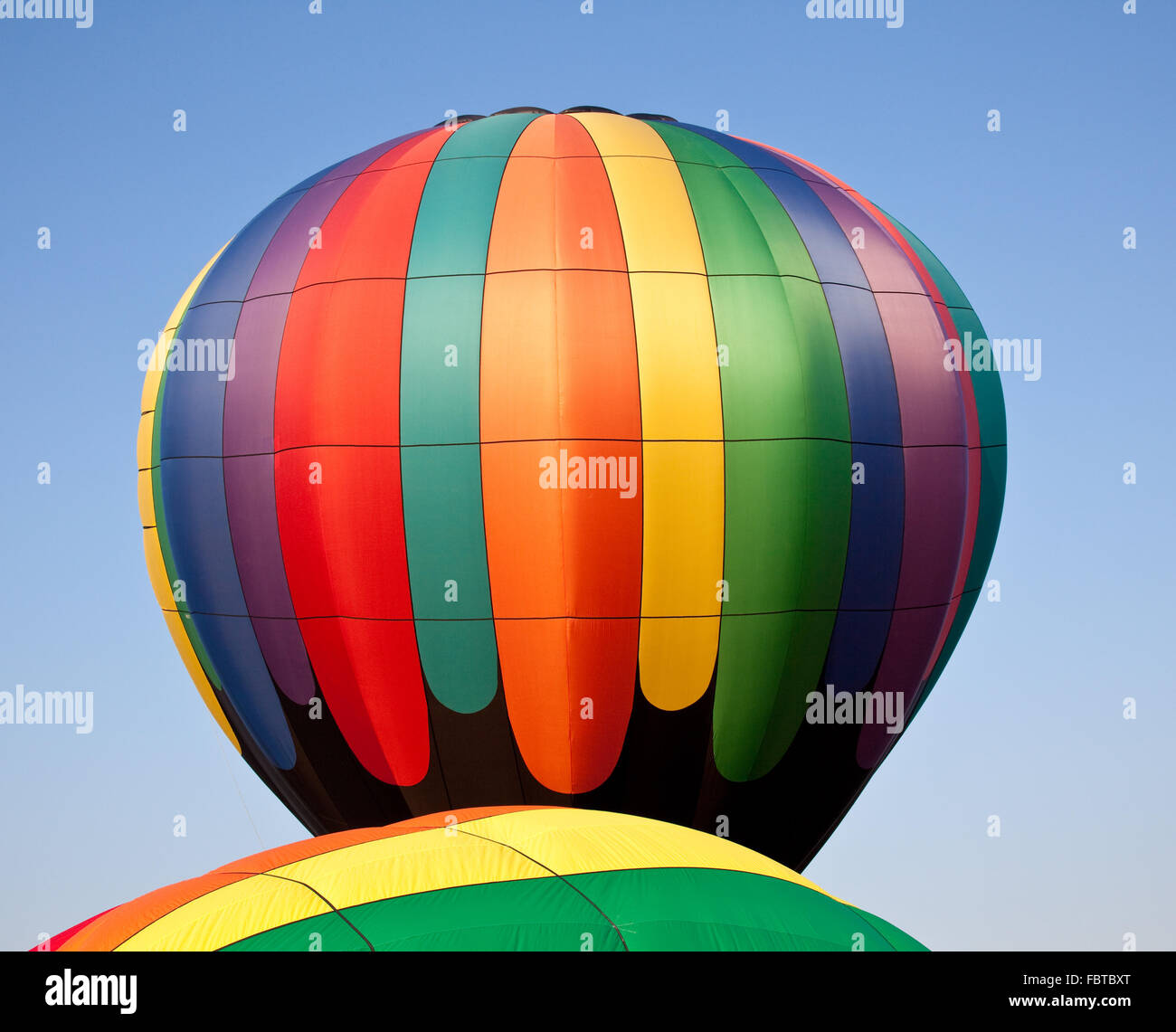Rainbow colored balloon soaring over the canopy of a second one under inflation Stock Photo