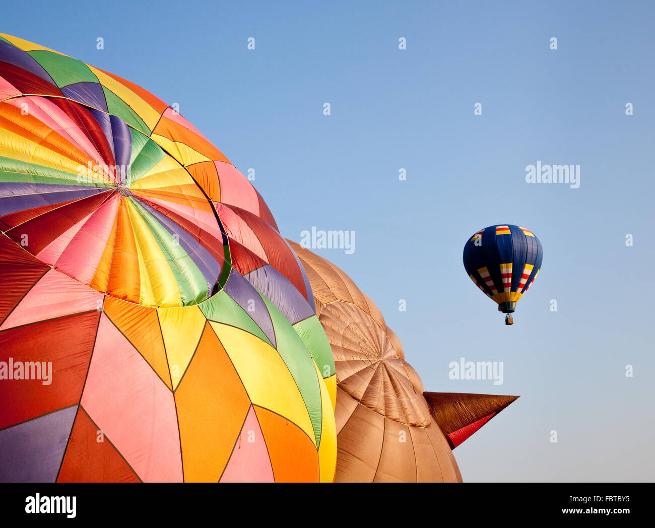Single hot air balloon soaring into the sky above two others being inflated on the ground Stock Photo