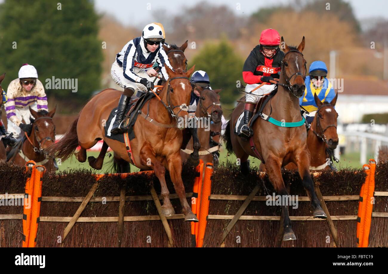 Brendon Powell (Black spotted cap) and Red Orator clear an early fence with Jajamcool and James Best close behind during the Download The Timeform App Novices´ Hurdle at Plumpton Racecourse -  18 Jan 2016 Stock Photo