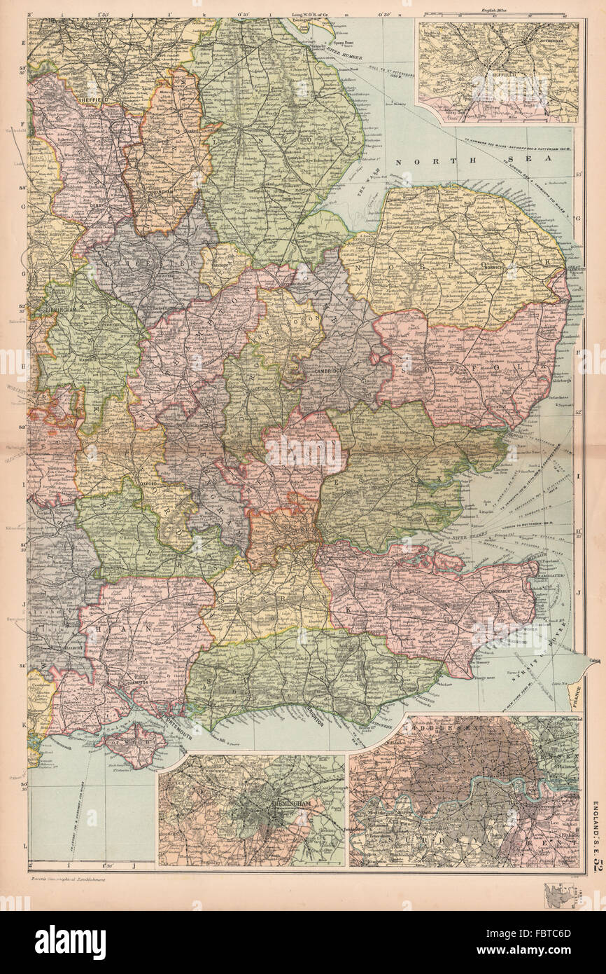 ENGLAND SOUTH EAST MIDLANDS. Sheffield Birmingham London.Railways.BACON 1901 map Stock Photo