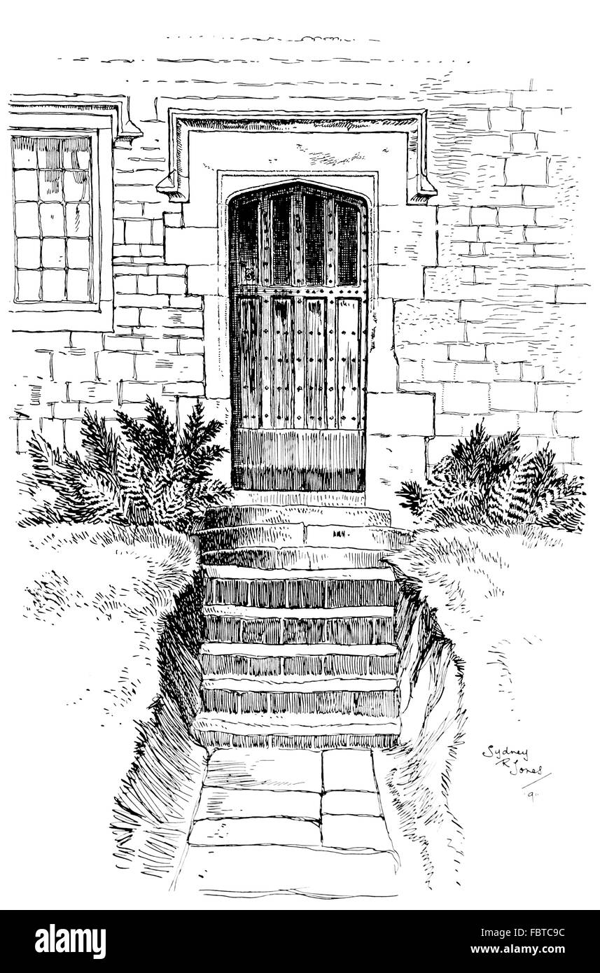 UK, England, Oxfordshire, Great Bourton, historic Ironstone arched House door, in 1911, line illustration by, Sydney R Jones Stock Photo