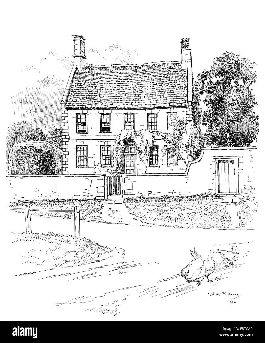 UK, England, Northamptonshire, Upper Boddington, Warwick Road, Manor house in 1911, line illustration by, Sydney R Jones Stock Photo