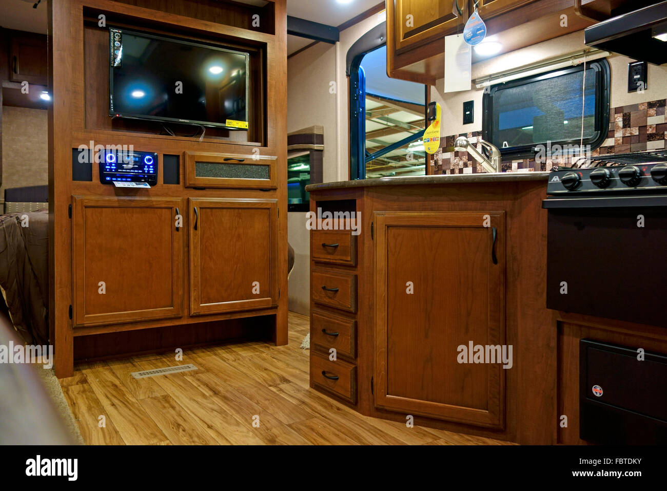 The interior of a modern 5th fifth wheel RV trailer camper caravan motorhome Stock Photo