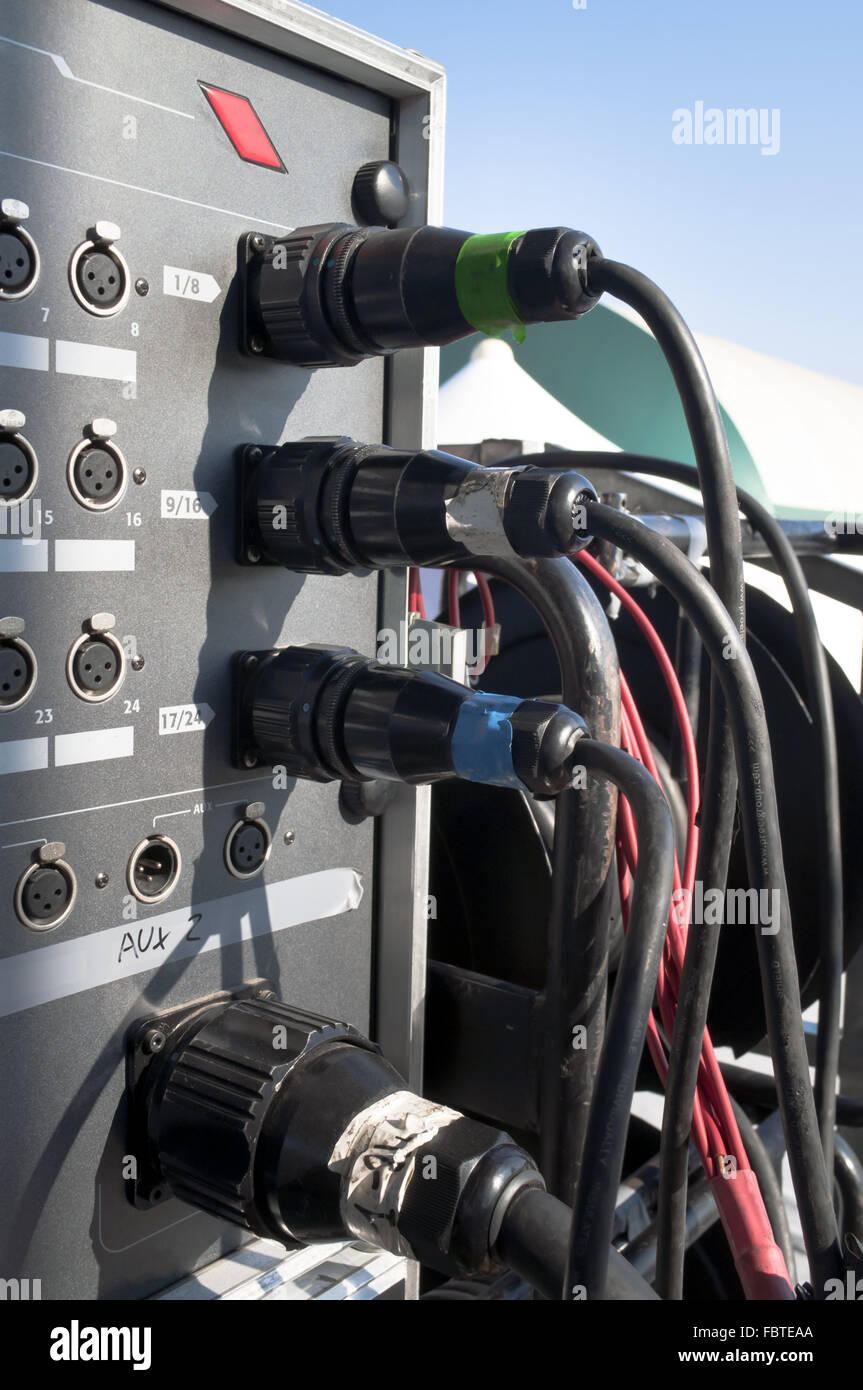 Music cable plug in a central amplifier Stock Photo Alamy