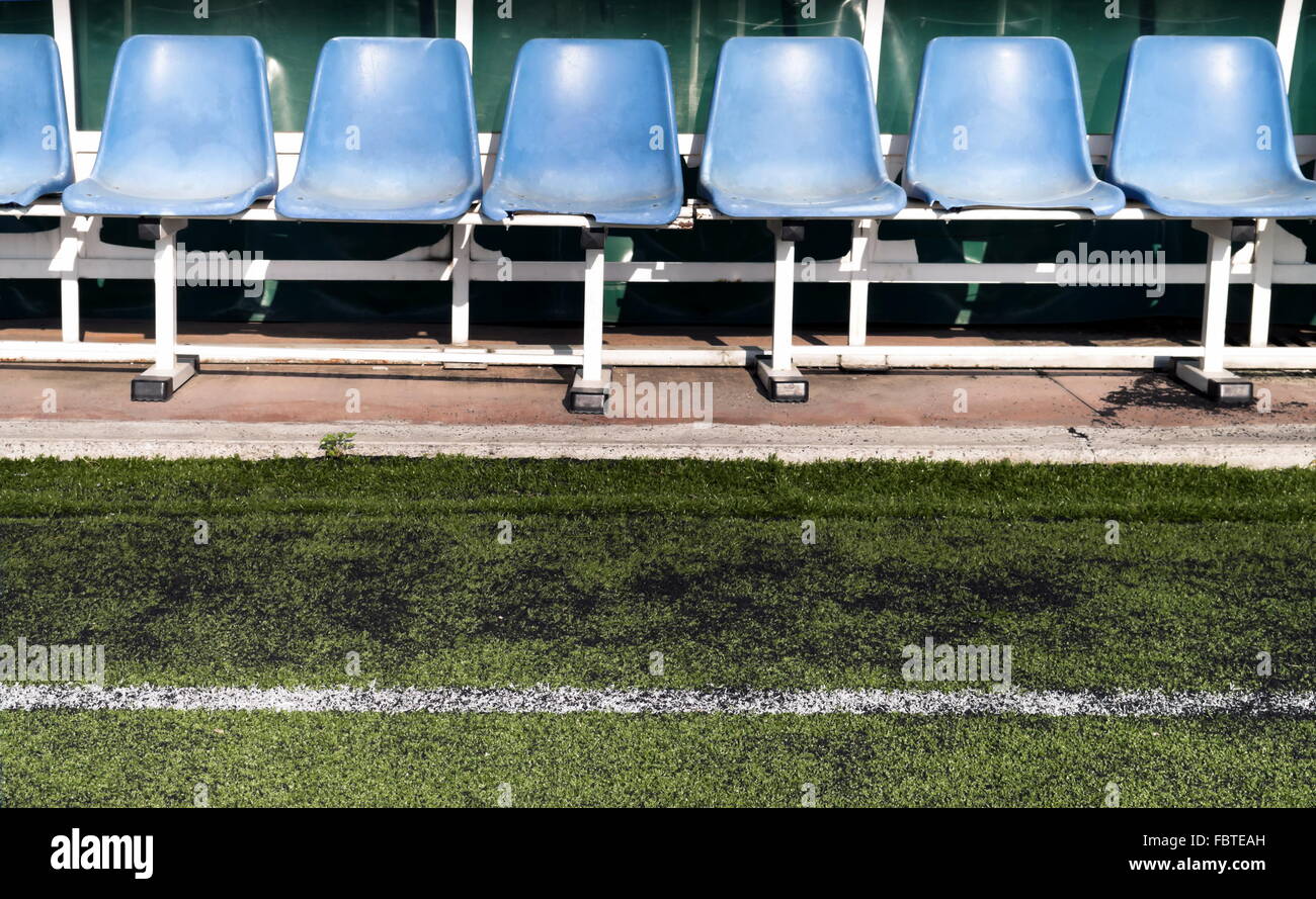 Coach and reserve benches in a soccer field Stock Photo Alamy