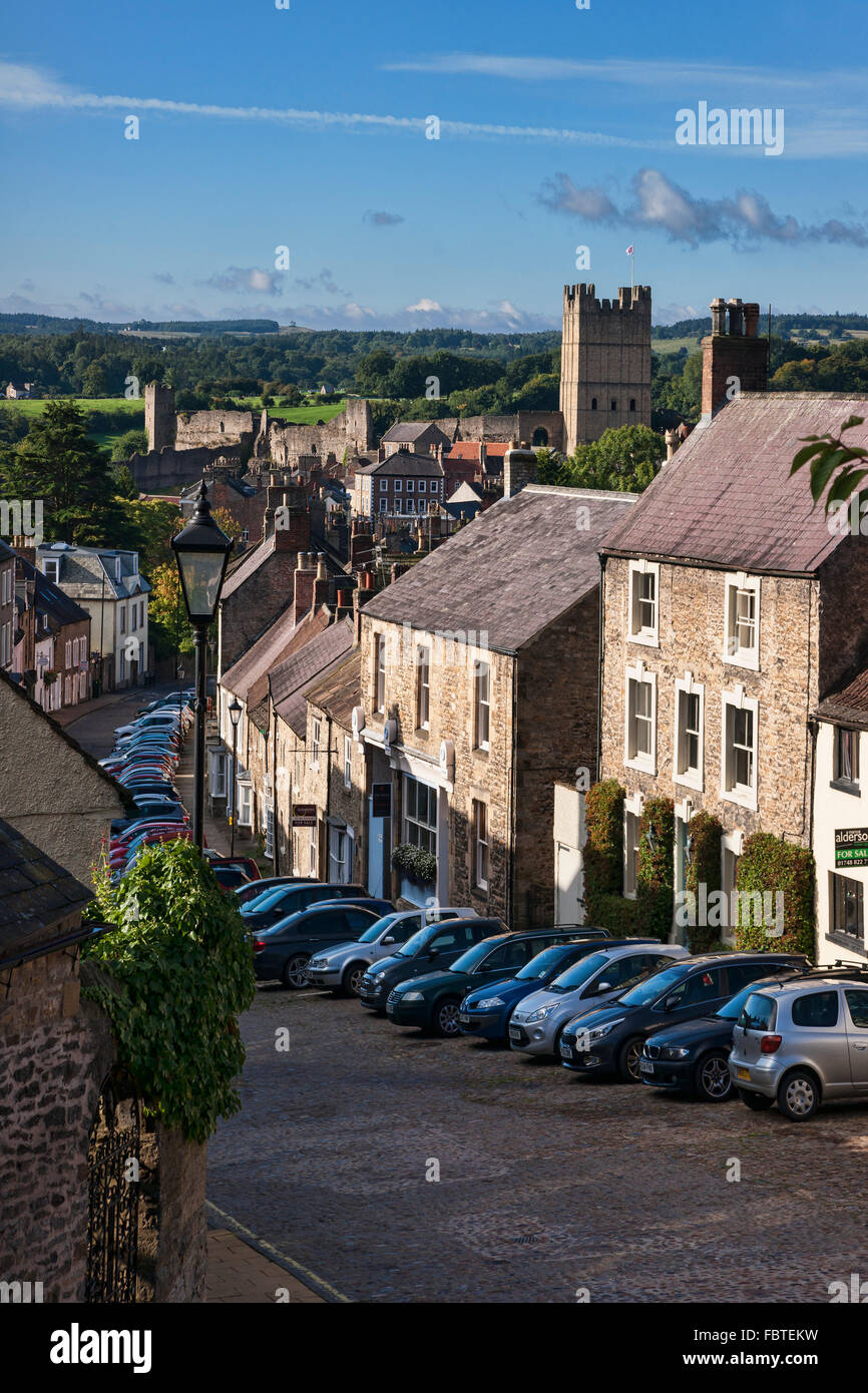 Looking down cobbled street to Richmond Castle, North Yorkshire
