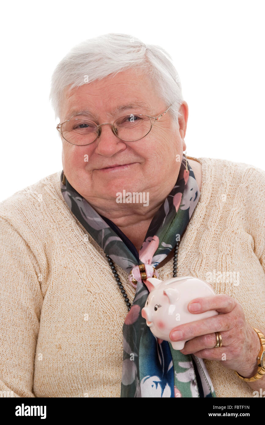 Senior with piggy bank Stock Photo Alamy