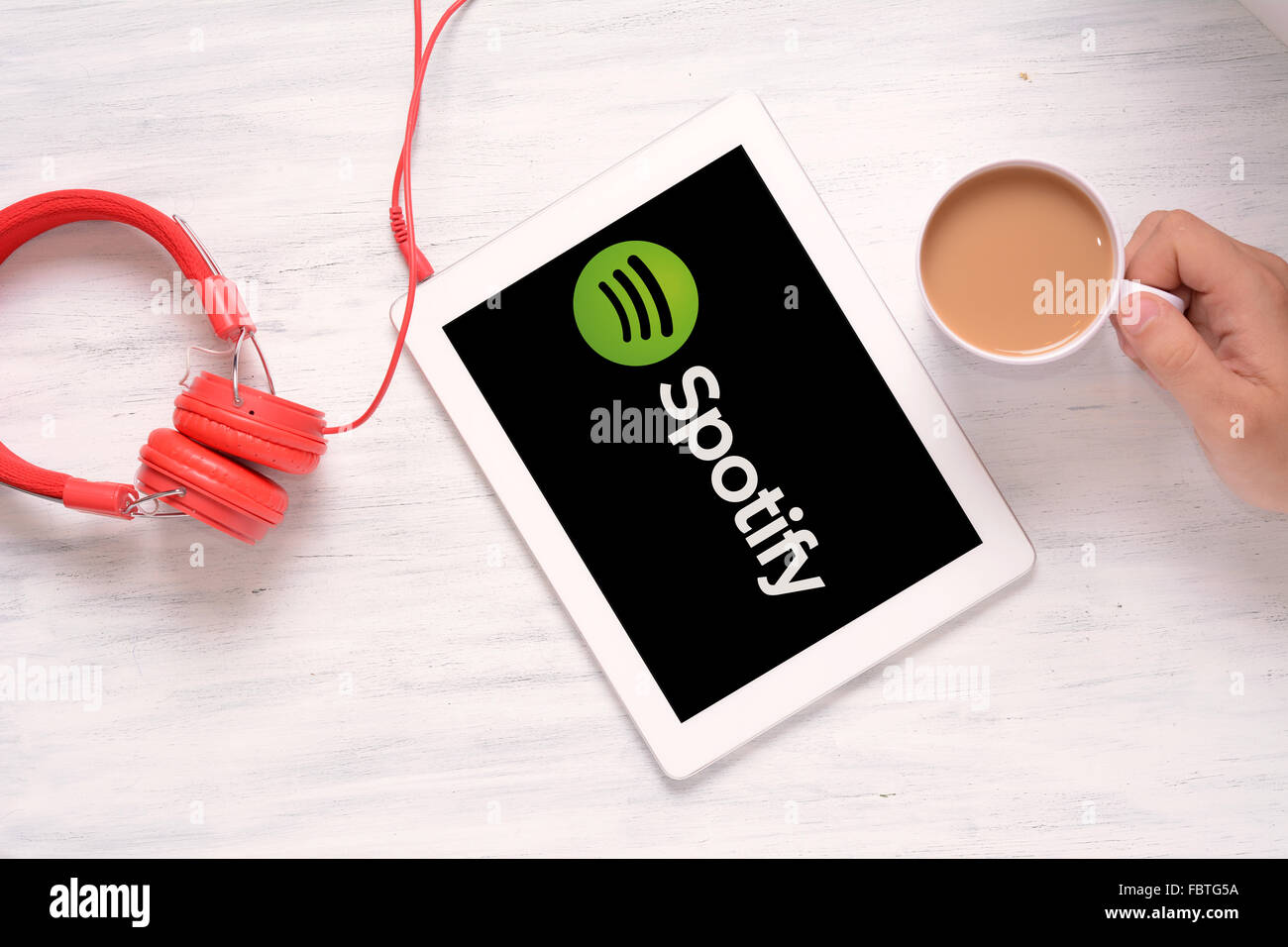 Buenos Aires, Argentina - January 2016: Top view of tablet with Spotify logo on the screen. Taken in Argentina. Stock Photo