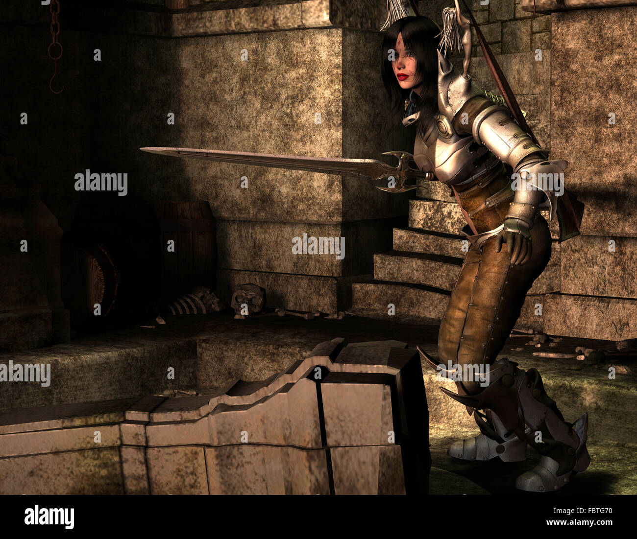 Amazon warrior alone in the Dungeon Stock Photo - Alamy