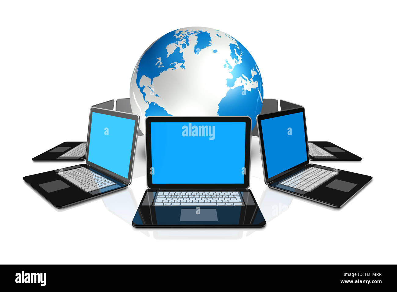 Laptop computers around a world globe Stock Photo - Alamy