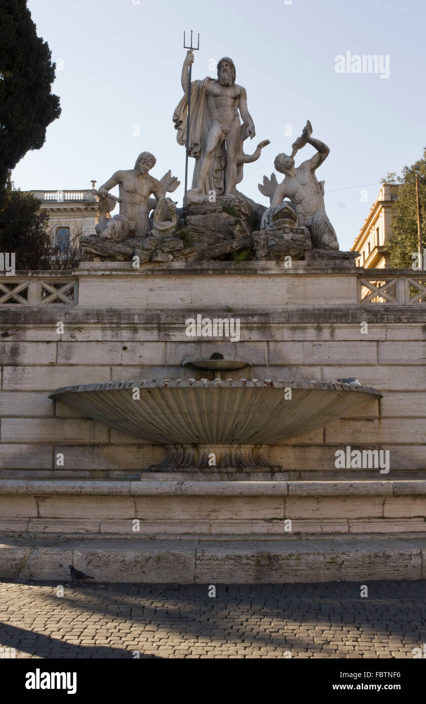 ROME, ITALY - DECEMBER 31 2014: Close up of the Fountain of Neptune in Piazza del Popolo in Rome, Italy, with nobody around Stock Photo