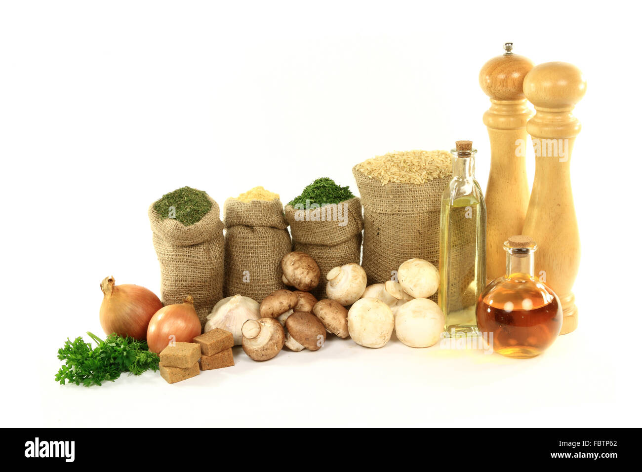 Products for Cooking mushrooms on rice. Stock Photo