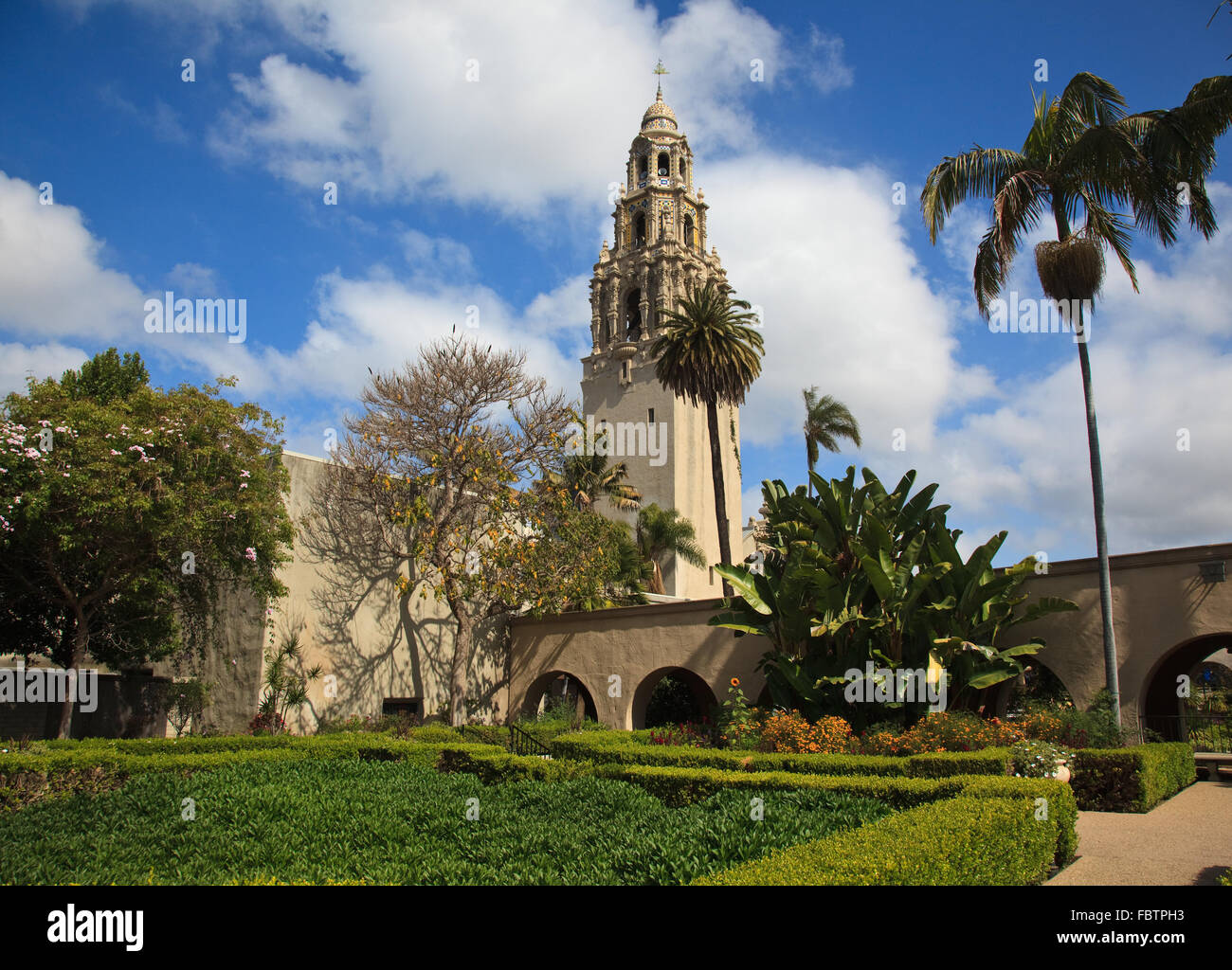 View of the ornate California Tower from the Alcazar Gardens in Balboa Park in San Diego Stock Photo