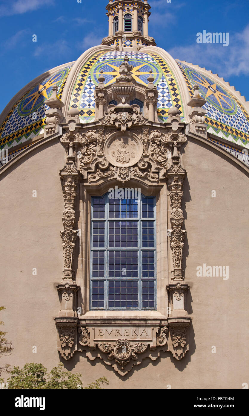 View of the ornate California Dome and decorated window from the Gardens in Balboa Park in San Diego Stock Photo