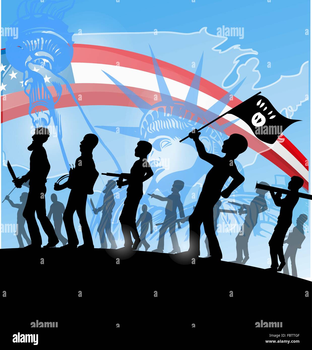 ISIS terrorist silhouette on american  map Stock Vector