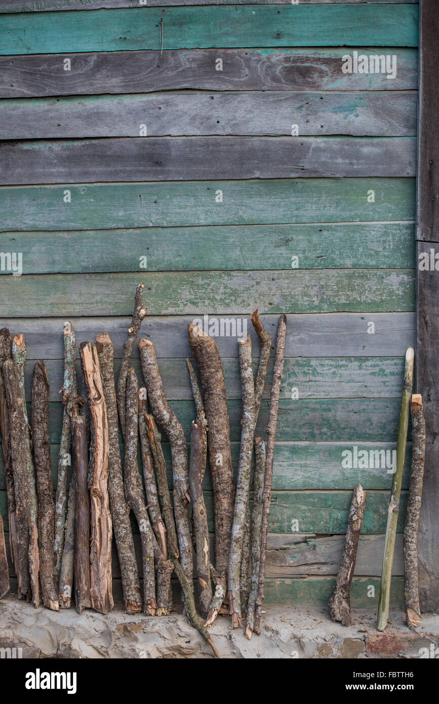Faded wooden boards on a rustic weathered house. All aqua and blue green hues.  Sticks and logs propped up against the wall. Nagaland, India Stock Photo