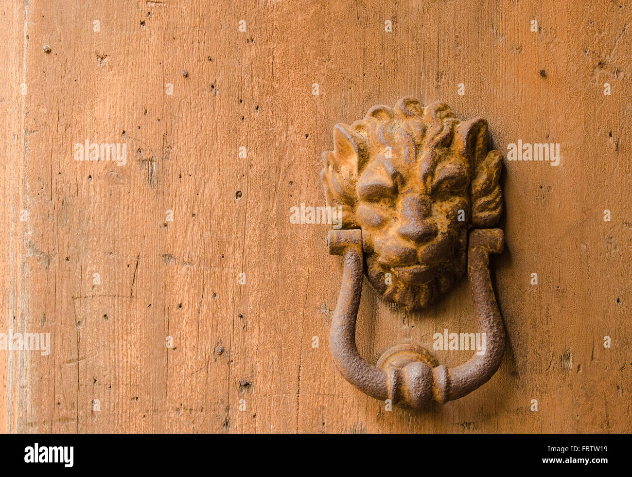 Wooden front door with lion door knocker hires stock photography and