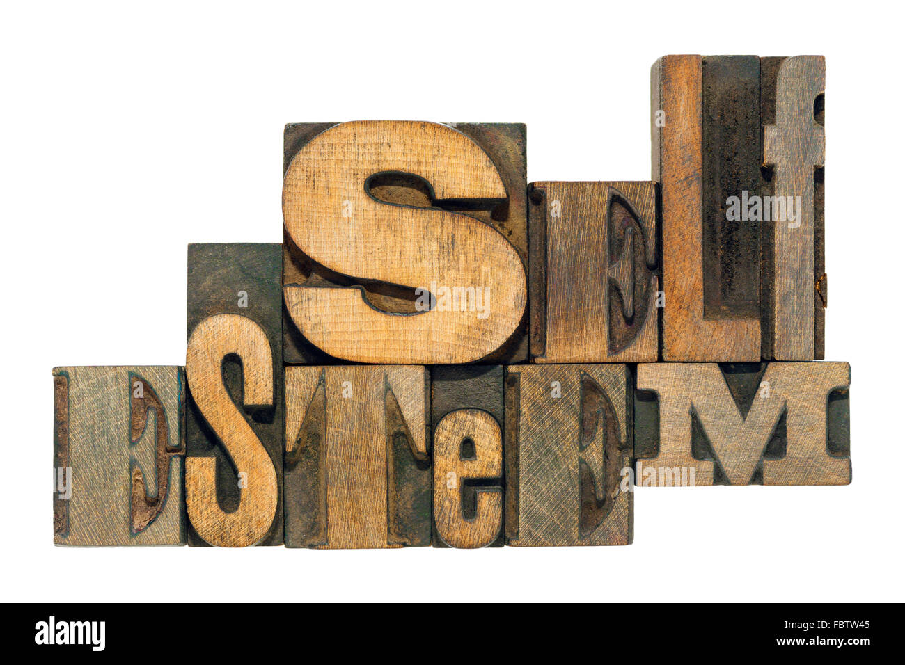 self esteem phrase made from mixed wooden letterpress type isolated on white Stock Photo