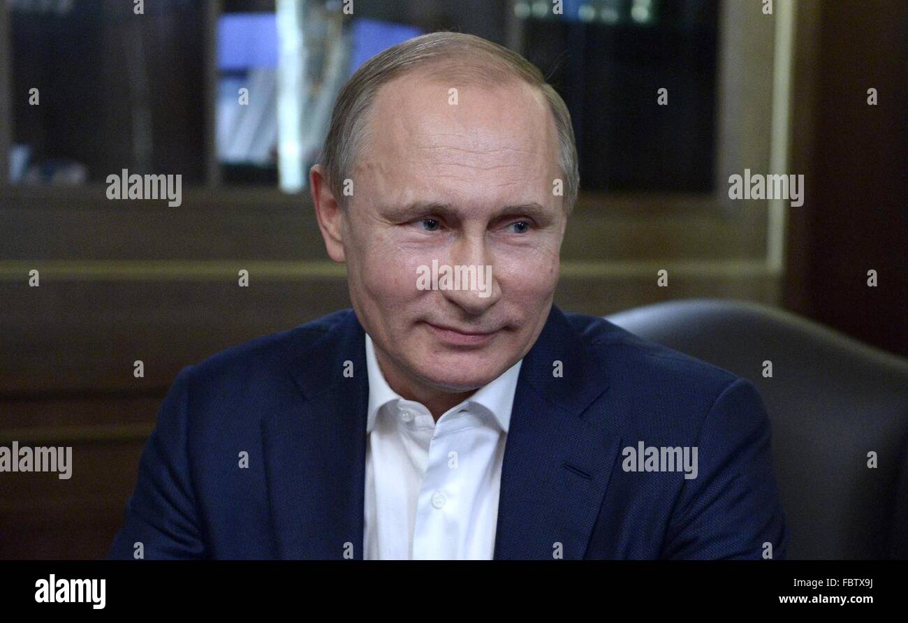 Russian President Vladimir Putin during an interview with Germany's Bild magazine at the presidents dacha Bocharov Ruchei January 11, 2016 in Sochi, Russia. Stock Photo