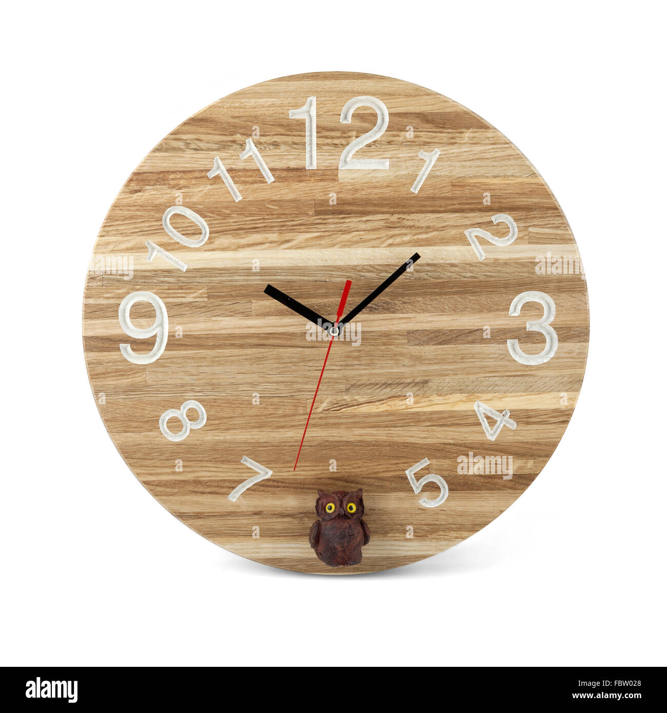 Wooden round wall watch with owl toy - clock isolated on white ...