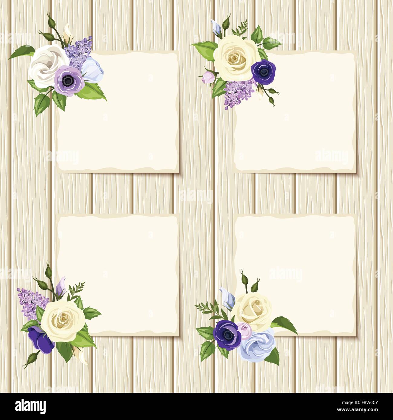 Cards with blue, purple and white flowers on a wooden background. Vector eps-10. Stock Vector
