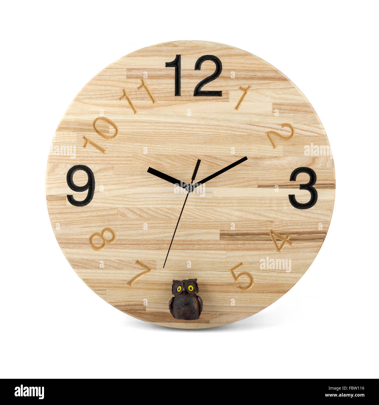 Wooden round wall watch with owl toy - clock isolated on white ...