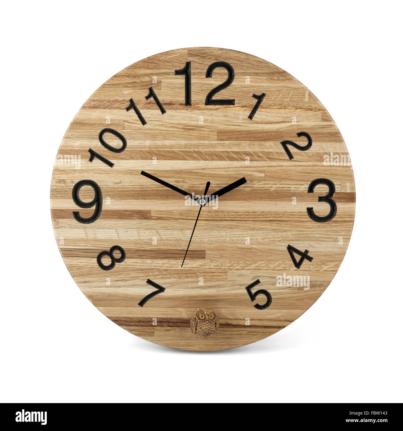 Wooden round wall watch with owl toy - clock isolated on white background Stock Photo