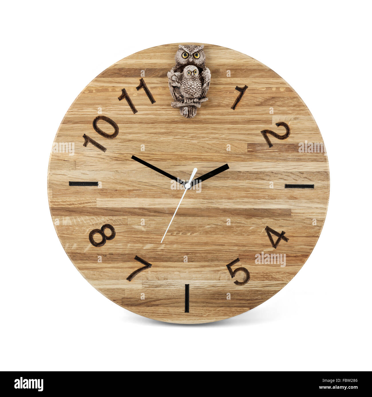 Wooden round wall watch with owl toy - clock isolated on white ...