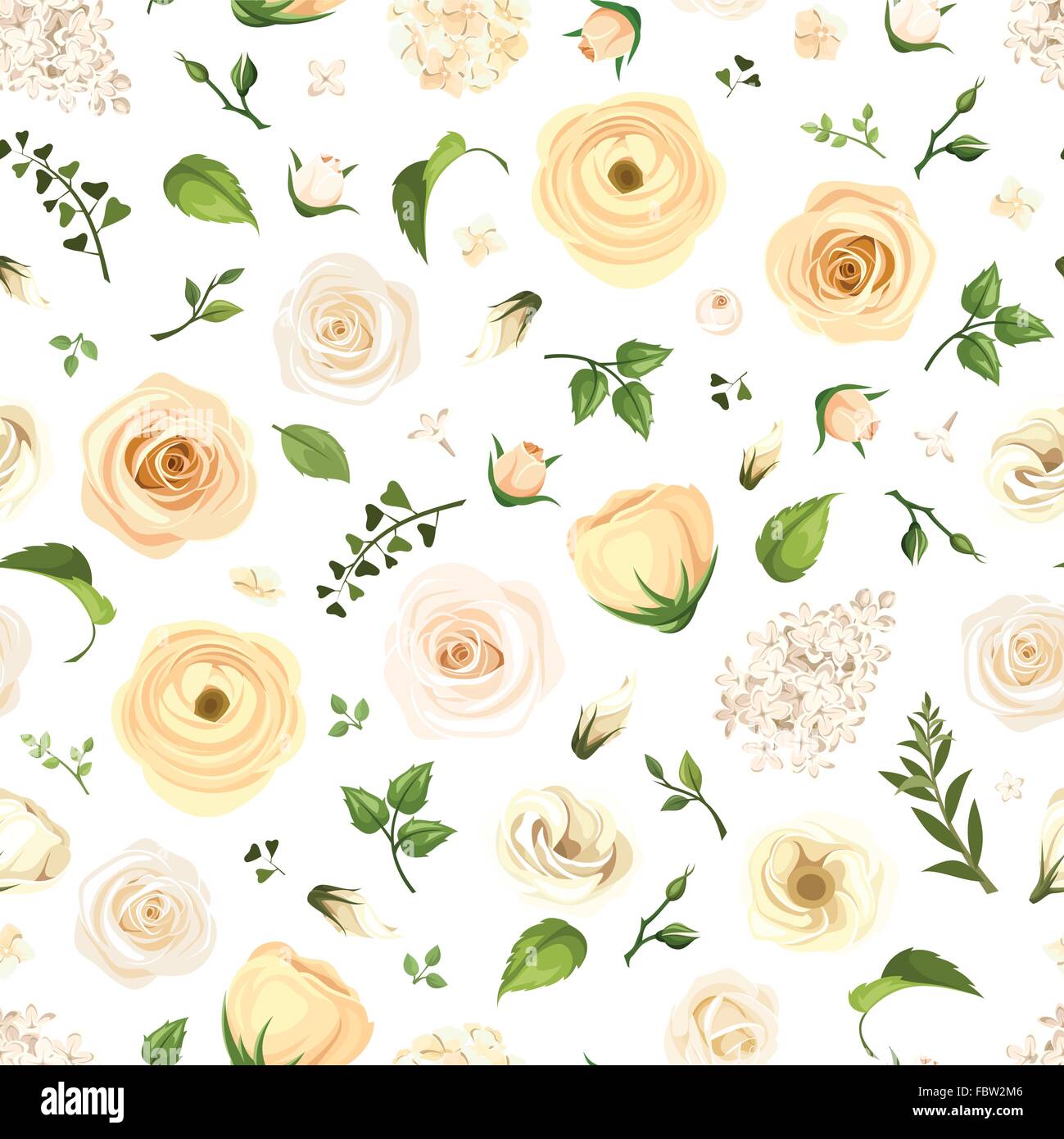 Seamless pattern with white flowers and green leaves. Vector ...