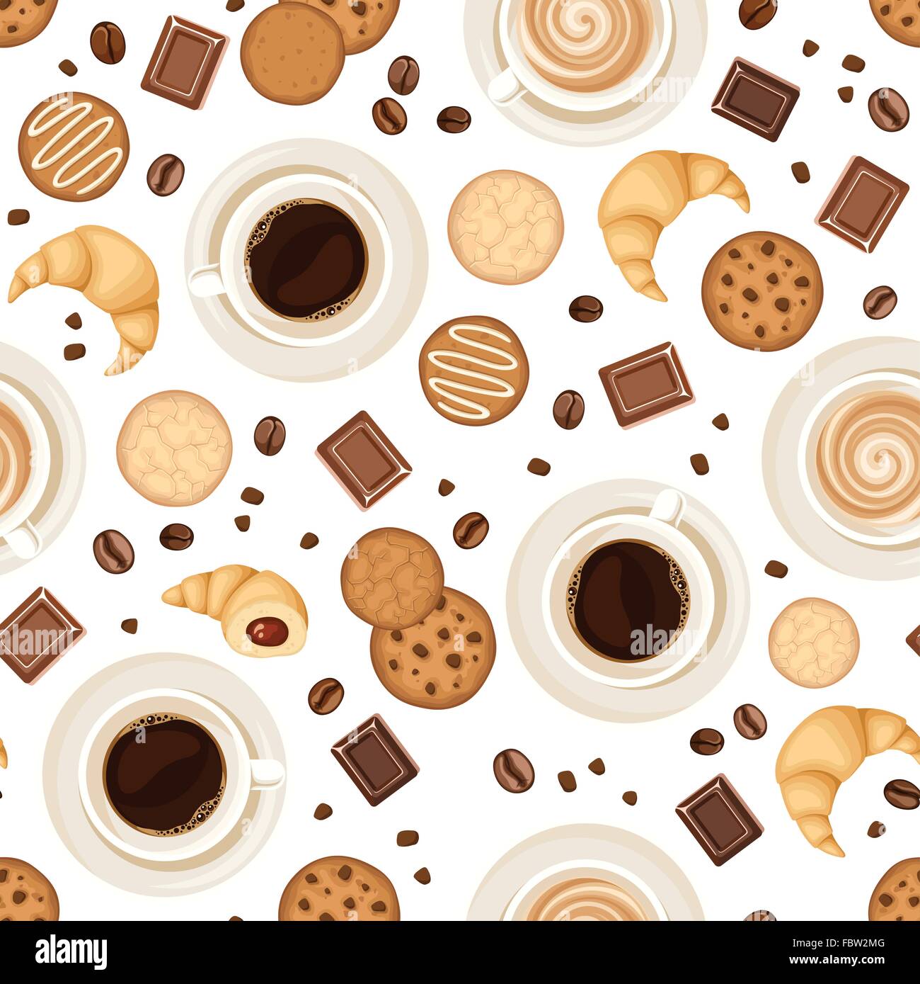 Seamless Background With Coffee Cups Beans Cookies Croissants And Chocolate Vector Illustration Seamless Background With Coffee Cups Beans Cookies Croissants And Chocolate Vector Illustration