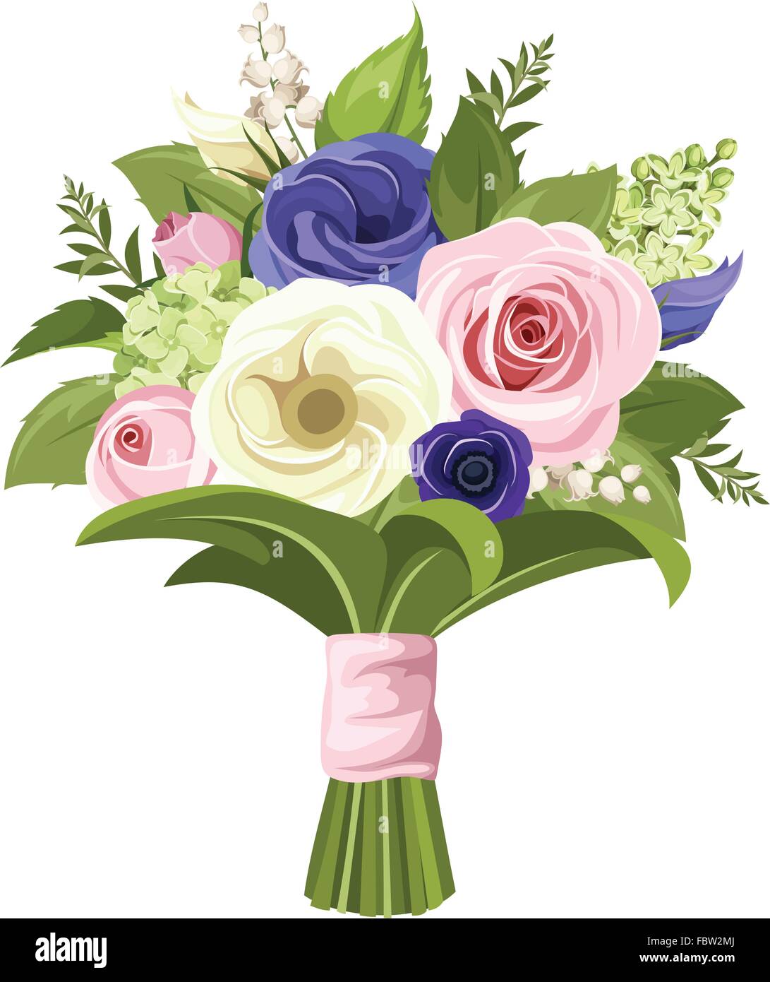 Bouquet of pink, white and blue flowers. Vector illustration. Stock Vector