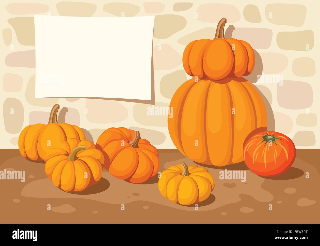 Background with orange pumpkins and a stone wall. Vector illustration. Stock Vector