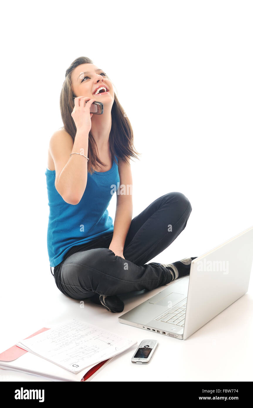 one young girl work on laptop isolated on white Stock Photo - Alamy