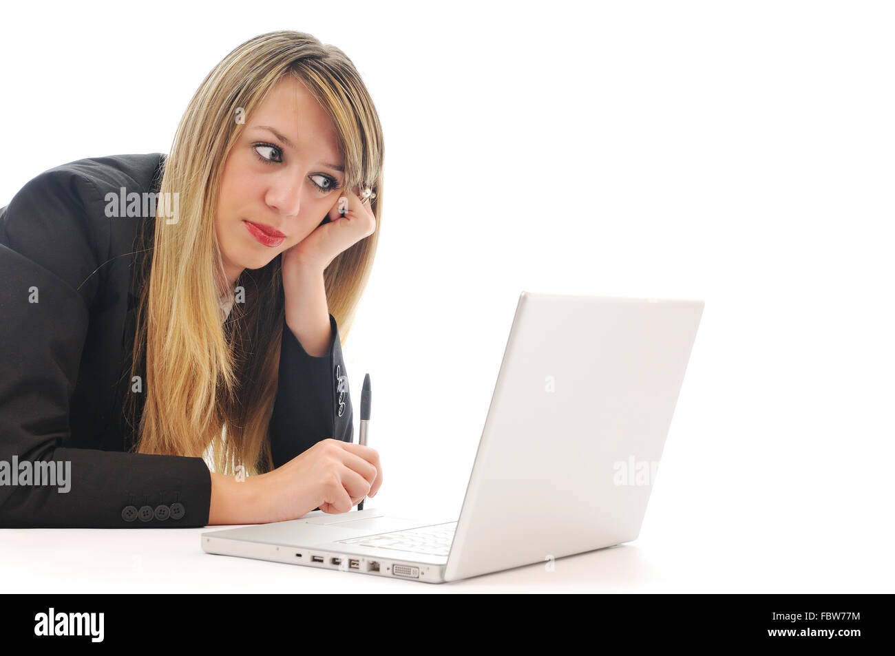 one young girl work on laptop isolated on white Stock Photo - Alamy