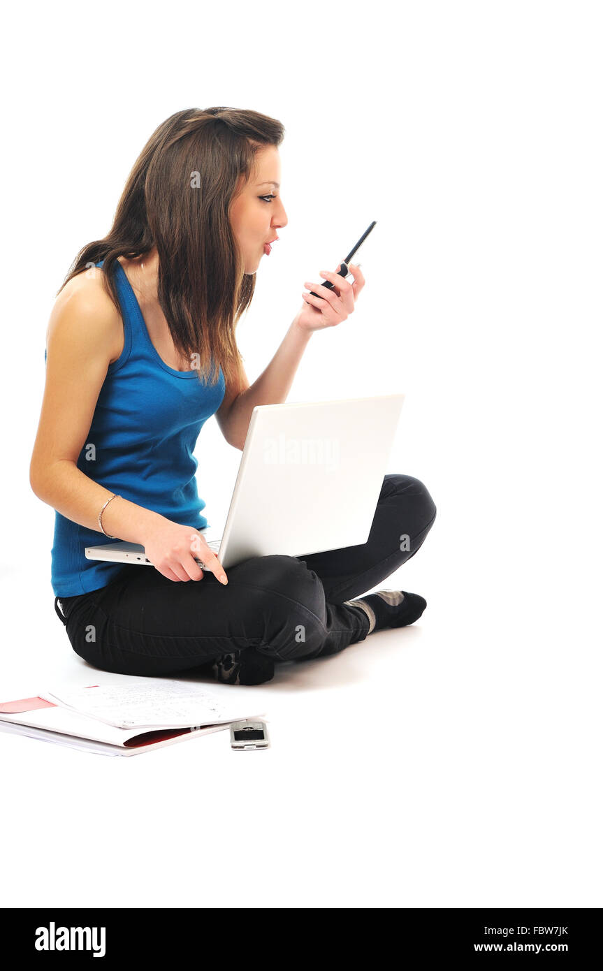 one young girl work on laptop isolated on white Stock Photo - Alamy