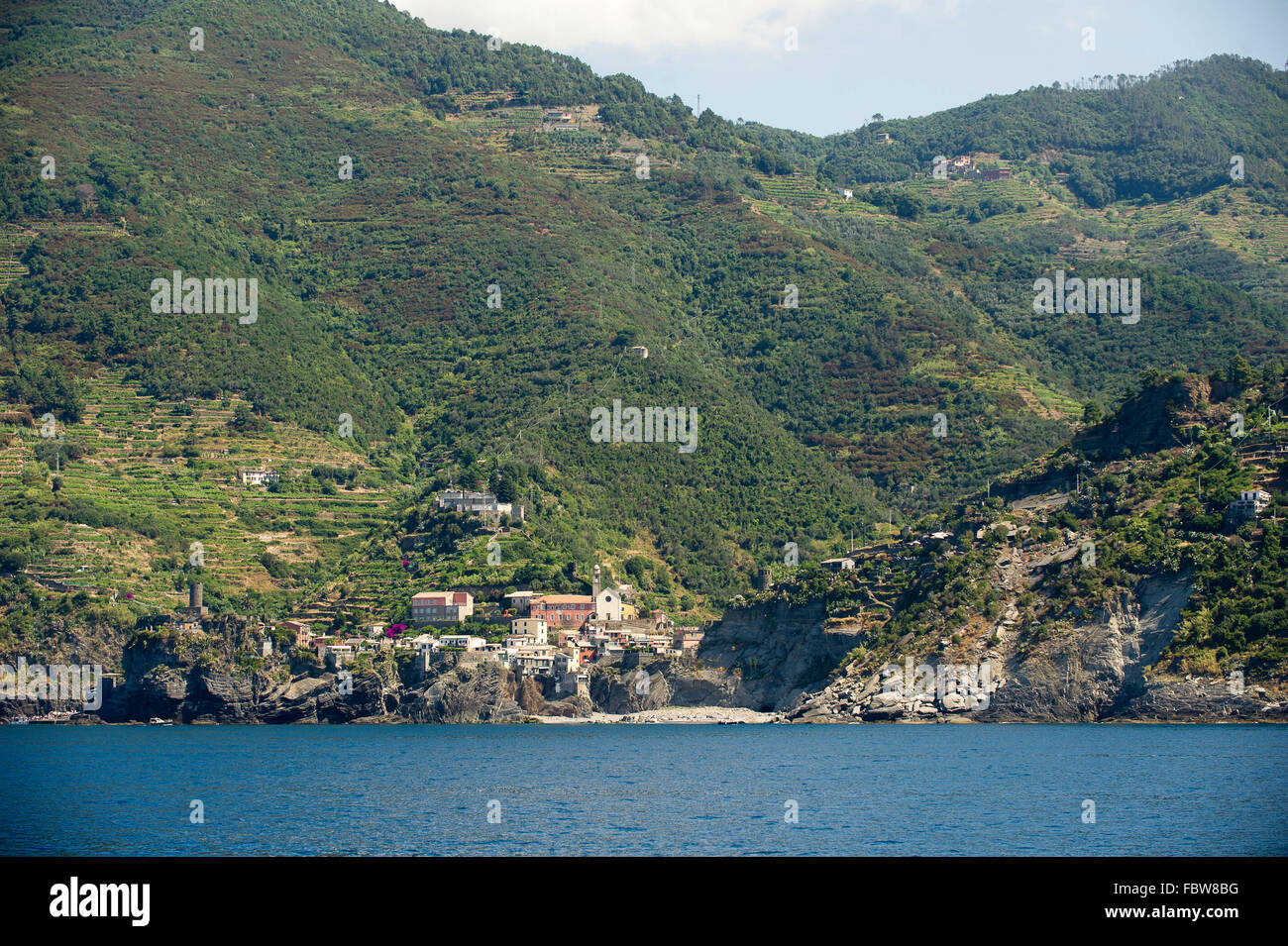Italy, Liguria, National Park of Cinque Terre Vernazza UNESCO World Heritage site, the Mediterranean Sea, cliff top Stock Photo