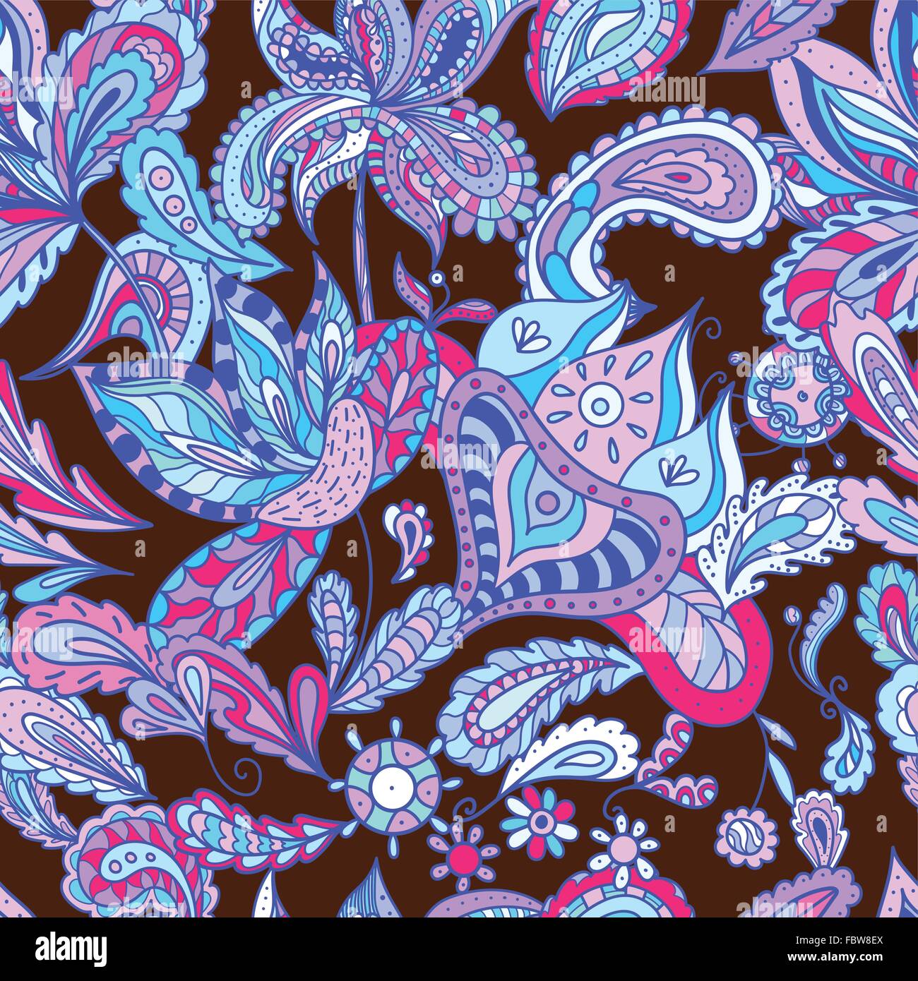 Blue ethnic paisley ornaments with pink color on brown background, fresh and contrast for textile, wallpaper and design Stock Vector