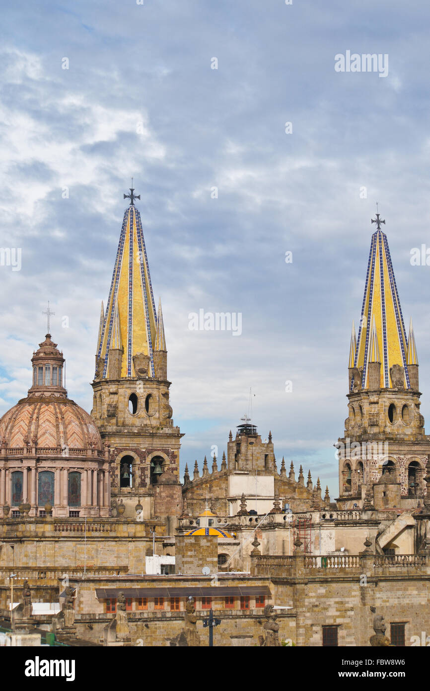 Yellow Church Steeples in Mexico Stock Photo